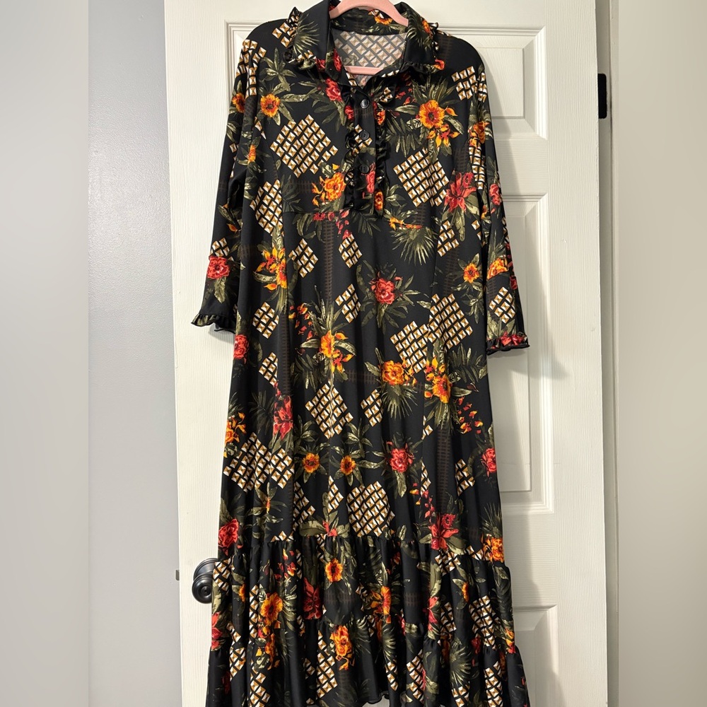 Zadie B’s Flock dress Black and Orange Ruffled Maxi Dress with Bell Sleeves
